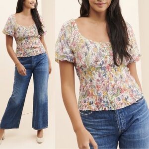 Anthropologie Aurelia Smocked Top Floral Cream
